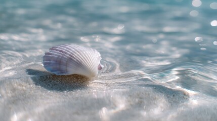 Close-up of a seashell lying on the sand of a beach. the seashell is white and pink in color and has a scalloped edge. it is resting on the edge of the sand, with the water splashing around it.