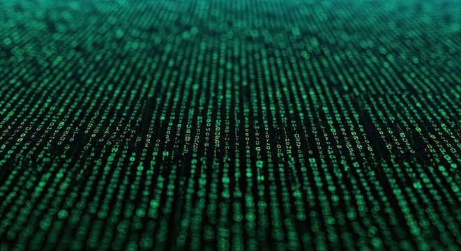 Captivating digital rain of green binary code cascading into darkness, symbolizing technology, data, and futuristic innovation in a dynamic, abstract cyberspace environment