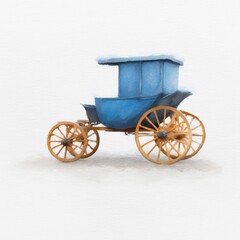 Fototapeta premium Vintage Blue Horse-Drawn Carriage with Wooden Wheels in Watercolor Style Artwork
