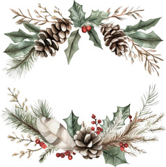 Fototapeta premium Rustic winter wreath with pinecones holly berries and feathers isolate