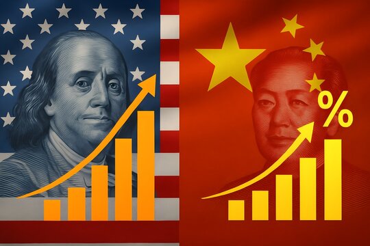 Visualizing the dynamic financial relationship and economic growth between the united states and china depicted through national flags and upward trending bar graphs