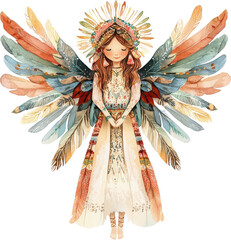 Fototapeta premium Gentle feathered angel adorned in tribal headdress and flowing dress Native American transparent background