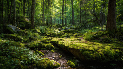 Lush, green forest scene with mossy rocks, tall trees, and dappled sunlight creating a tranquil and inviting natural landscape.