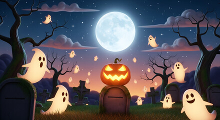 Halloween night scene with ghosts, pumpkin, and full moon
