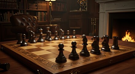Intense strategy unfolds on a classic wooden chessboard before a crackling fireplace, evoking intellectual combat and sophisticated leisure in a richly appointed study