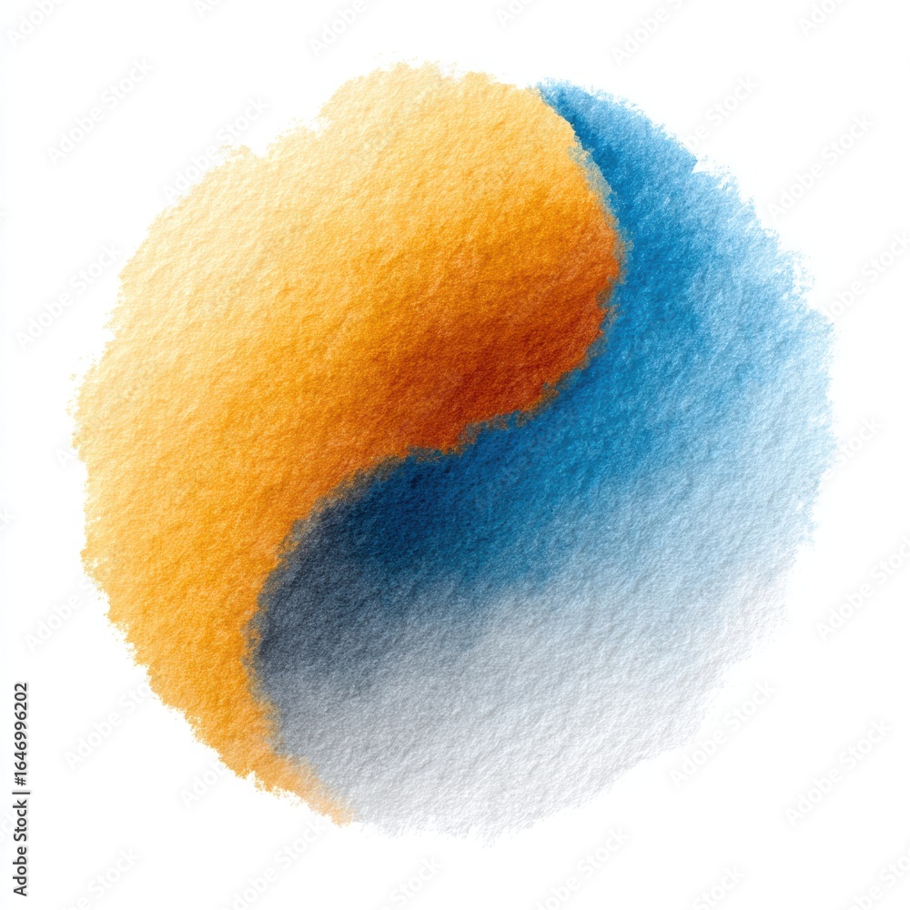 Poster abstract art with vibrant colors blending orange and blue in a circular form creating a dynamic desi