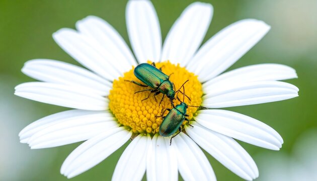 Two iridescent green beetles mating on a white daisy