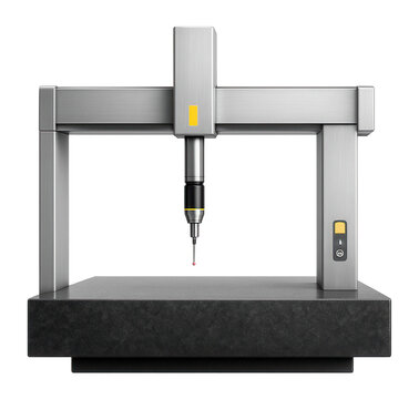 Bridge-type coordinate measuring machine with a granite base and touch-trigger probe for precision measurement in aerospace manufacturing.