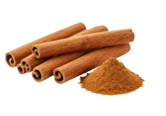 Natural brown cinnamon sticks and finely milled ground cinnamon powder on a pristine matte white surface with a clean transparent background, isolated studio shot. Concept of aromatic culinary spice