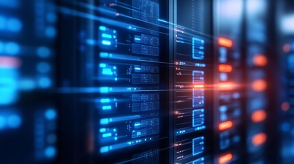 Glowing Data Hub Equipment Rack Displays and Connectivity Nodes in a Digital Fortress Environment