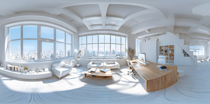 White loft office room for office featuring panoramic windows in equirectangular projection with full seamless spherical HDRI panorama 360 degrees in interior of room.