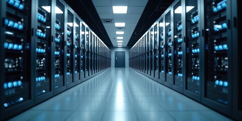 Modern data center with rows of illuminated server racks, advanced technology infrastructure, secure cloud computing environment
