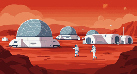 Astronauts Exploring Martian Colony Domes