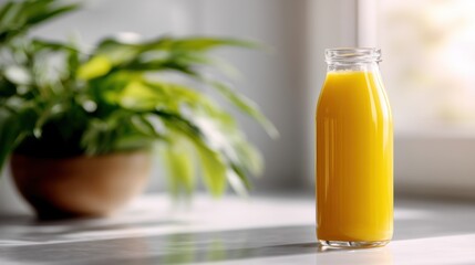 Obraz premium Glass bottle of orange juice on a white countertop. the bottle is tall and slender with a clear glass cap. the juice is a bright orange color and appears to be freshly squeezed.