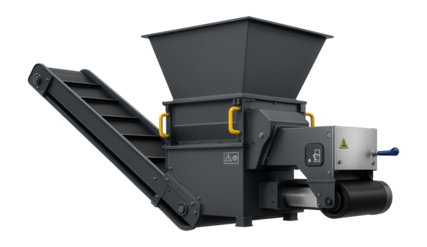 High-capacity plastic shredder with a conveyor feed system and magnetic separator for sorting facilities.