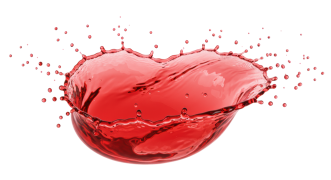 Pure red liquid frozen in motion forming a circular wave with droplets, isolated on immaculate white background, high-key studio lighting, concept for beverage advertising