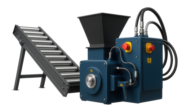 Horizontal briquetting press with a conveyor feed system for handling large volumes of wood dust in a sawmill