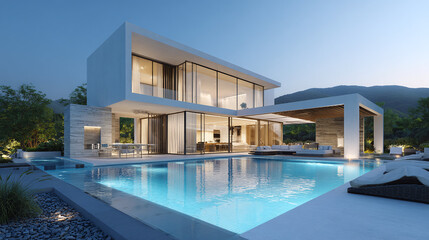 Modern architectural house with pool area at twilight. The geometric structure with glass facade reflects the warm interior lights over the peaceful water.