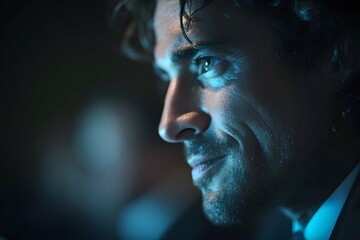 A man with a beard, in blue light, thoughtful expression, indoors.