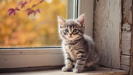 Fluffy kitten on wooden windowsill with autumn landscape