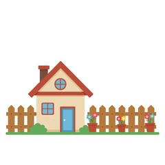 Charming Cartoon House with Picket Fence and Flowers
