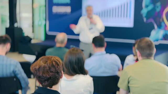 People attending a presentation where a speaker discusses topics with a visual graph display.