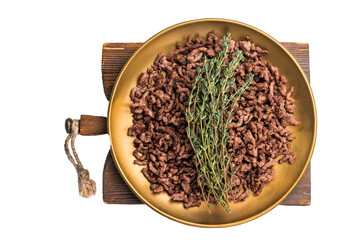 Roast and Fried mince meat, fresh cooked ground meat in a plate isolated on white background