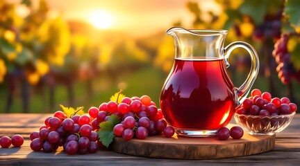 Red grape juice pitcher with fresh grapes on a wooden table