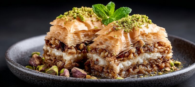 Decadent Baklava Layers Drizzled with Sweet Syrup and Topped with Chopped Nuts, Irresistible Dessert
