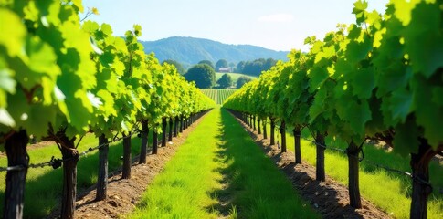 Sun-drenched Vineyard Ready for Harvest Rows of Lush Green Grapevines and Ripe Grapes Showcase Meticulous Winemaking