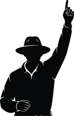 Silhouette of a baseball umpire pointing up, a symbol of authority and decision-making in sports, representing fairness and control in a competitive game