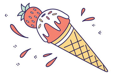 Playful Confection Strawberry Ice Cream Cone with Sprinkles on White Background