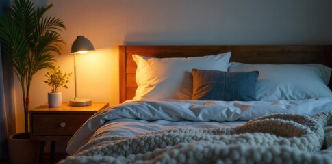 Serene Bedroom Scene Soft Lamplight Illuminates a Cozy Bed, Perfect for Relaxation and Sleep
