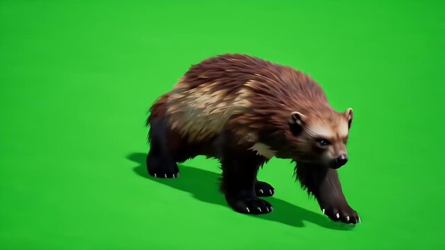 Wolverine Isolated on Green Screen. Wild Animal Render for Compositing. Detailed Fur and Markings on Chroma Key Background.