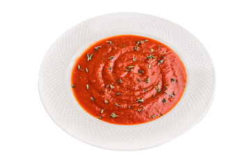 Tomato soup with thyme in plate isolated on white background. top view