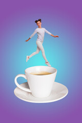 Creative image vertical photo collage of happy girl guy stand coffee cup drink herbal tea beverage...