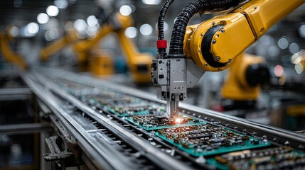 Automated robotic arm placing components on circuit boards in a production line.