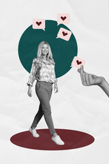 Poster mockup collage of person walk having above like icon on white background