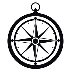 Photo of black silhouette of a vintage compass rose for navigation and direction, on white