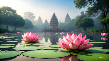 Serene pink lotus flowers blooming on tranquil water with ancient temple background