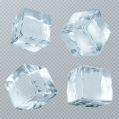 Obraz na płótnie Canvas Transparent ice cubes with crystal clear surfaces and realistic frozen texture for beverage industry presentations. Melting blocks in different angles and shapes. Professional cold drink assets.