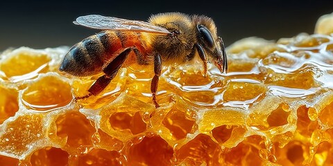 Close-Up of a Honeybee on a Glistening Honeycomb Filled with Rich, Golden Honey in Natural Light