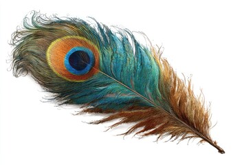 Vibrant peacock feather isolated on white