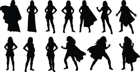 Superhero Female Character Silhouette Vector Collection, showcasing various action poses with and without capes for comics, fantasy, and heroic designs.