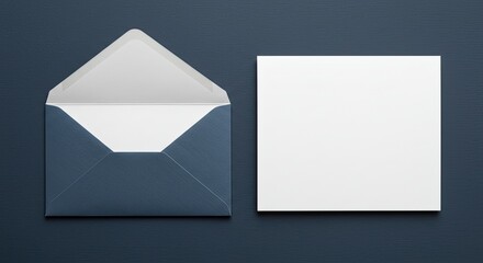Elegant stationery mockup featuring a blue envelope and blank white card, perfect for showcasing your brand's sophisticated design, ideal for corporate branding and marketing materials