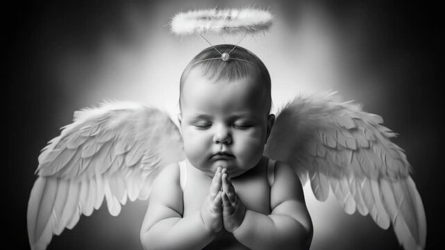 A beautiful and innocent baby angel with white wings and a glowing halo prays peacefully in a classic black and white religious portrait

