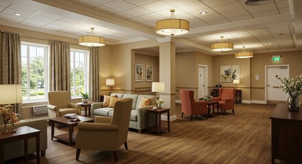 Inviting and comfortable senior living lounge area with warm lighting, elegant furnishings, and a welcoming atmosphere for residents and visitors