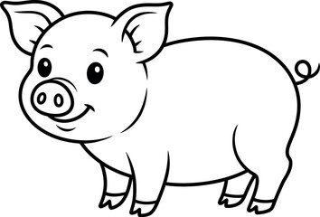 Obraz premium Illustration of a cartoon pig with a curly tail and a smiling face in black and white outline style