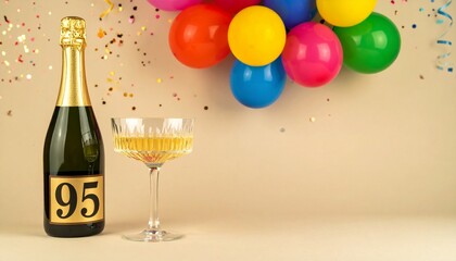 Champagne bottle and glass with number 95. Festive photo for birthday or anniversary party