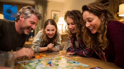 Happy family playing board game in warm, cozy living room.